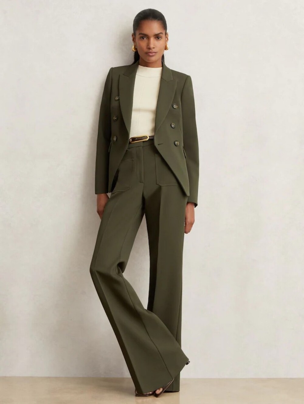 Reiss Priya Twill Double-Breasted Blazer Green Size 12
